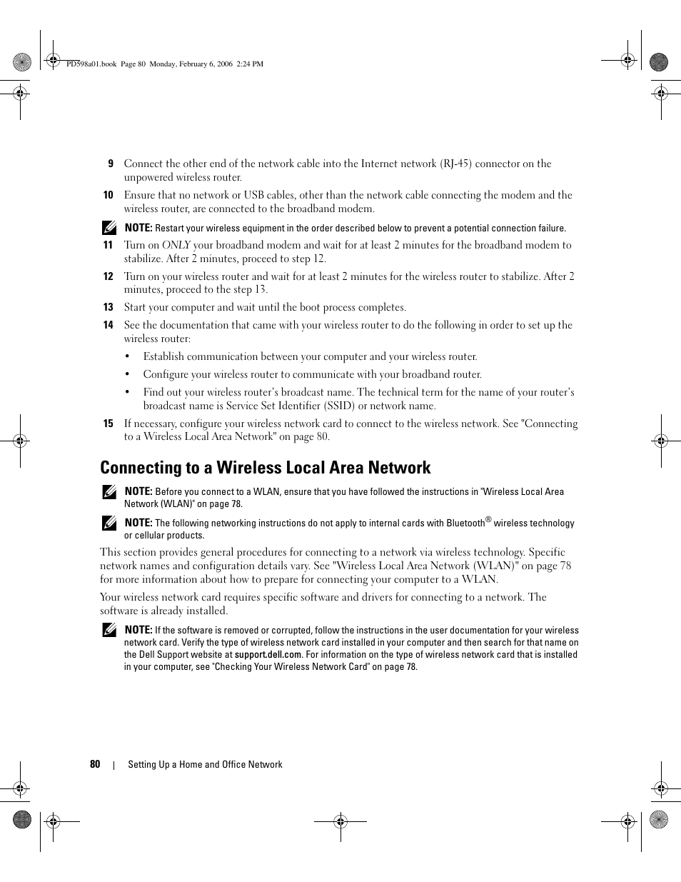 Connecting to a wireless local area network | Dell Inspiron E1705 User Manual | Page 80 / 188