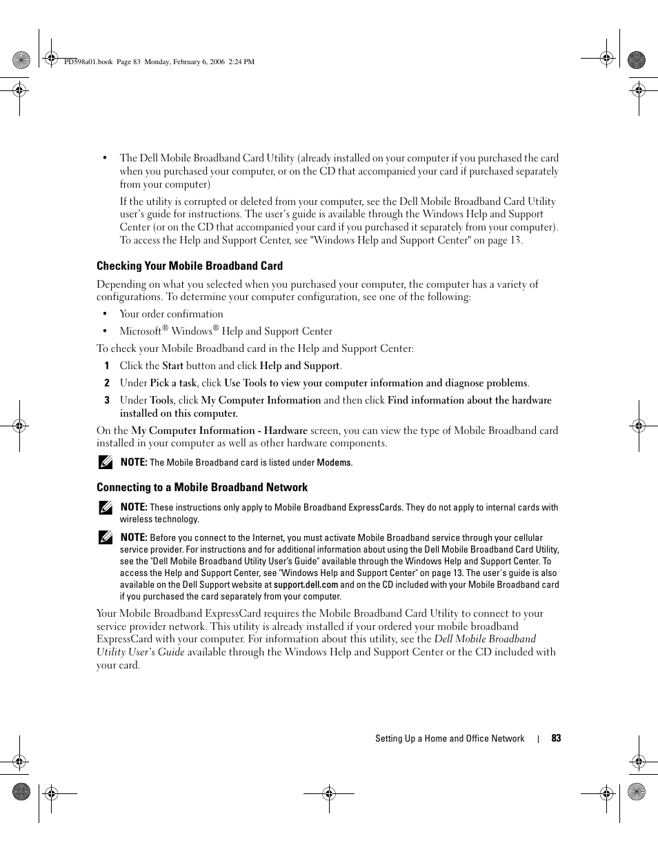 Checking your mobile broadband card, Connecting to a mobile broadband network | Dell Inspiron E1705 User Manual | Page 83 / 188