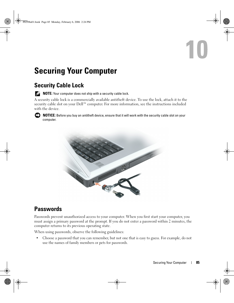 Securing your computer, Security cable lock, Passwords | Dell Inspiron E1705 User Manual | Page 85 / 188