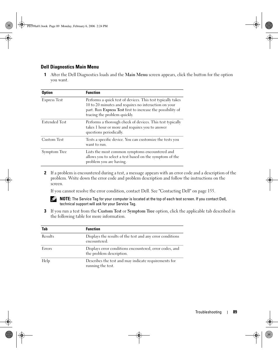 Dell diagnostics main menu | Dell Inspiron E1705 User Manual | Page 89 / 188