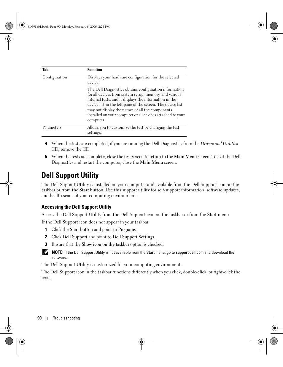 Dell support utility, Accessing the dell support utility | Dell Inspiron E1705 User Manual | Page 90 / 188