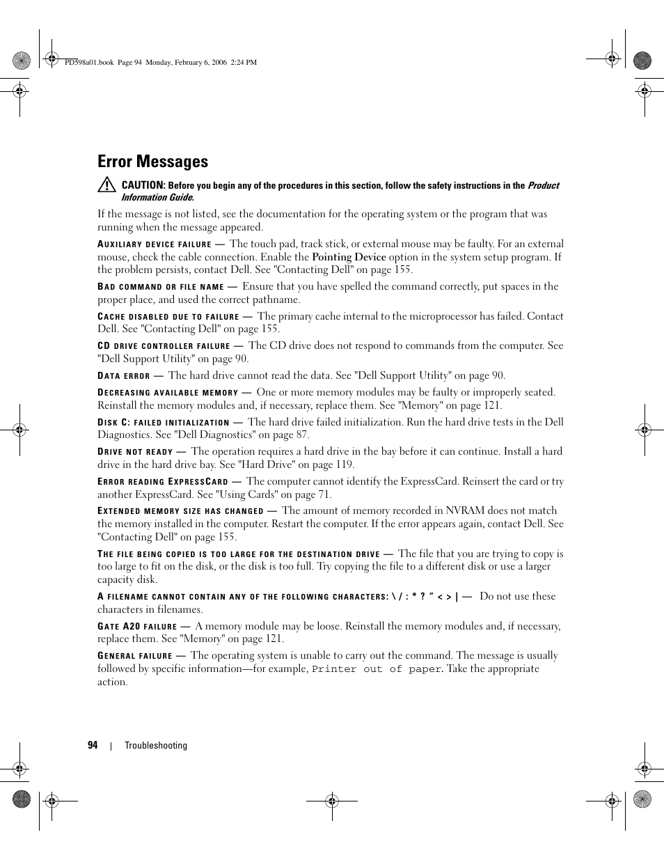 Error messages | Dell Inspiron E1705 User Manual | Page 94 / 188