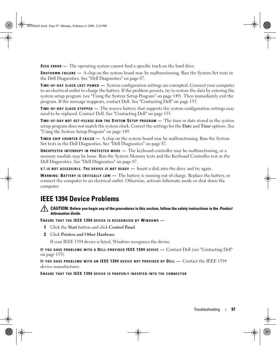 Ieee 1394 device problems | Dell Inspiron E1705 User Manual | Page 97 / 188