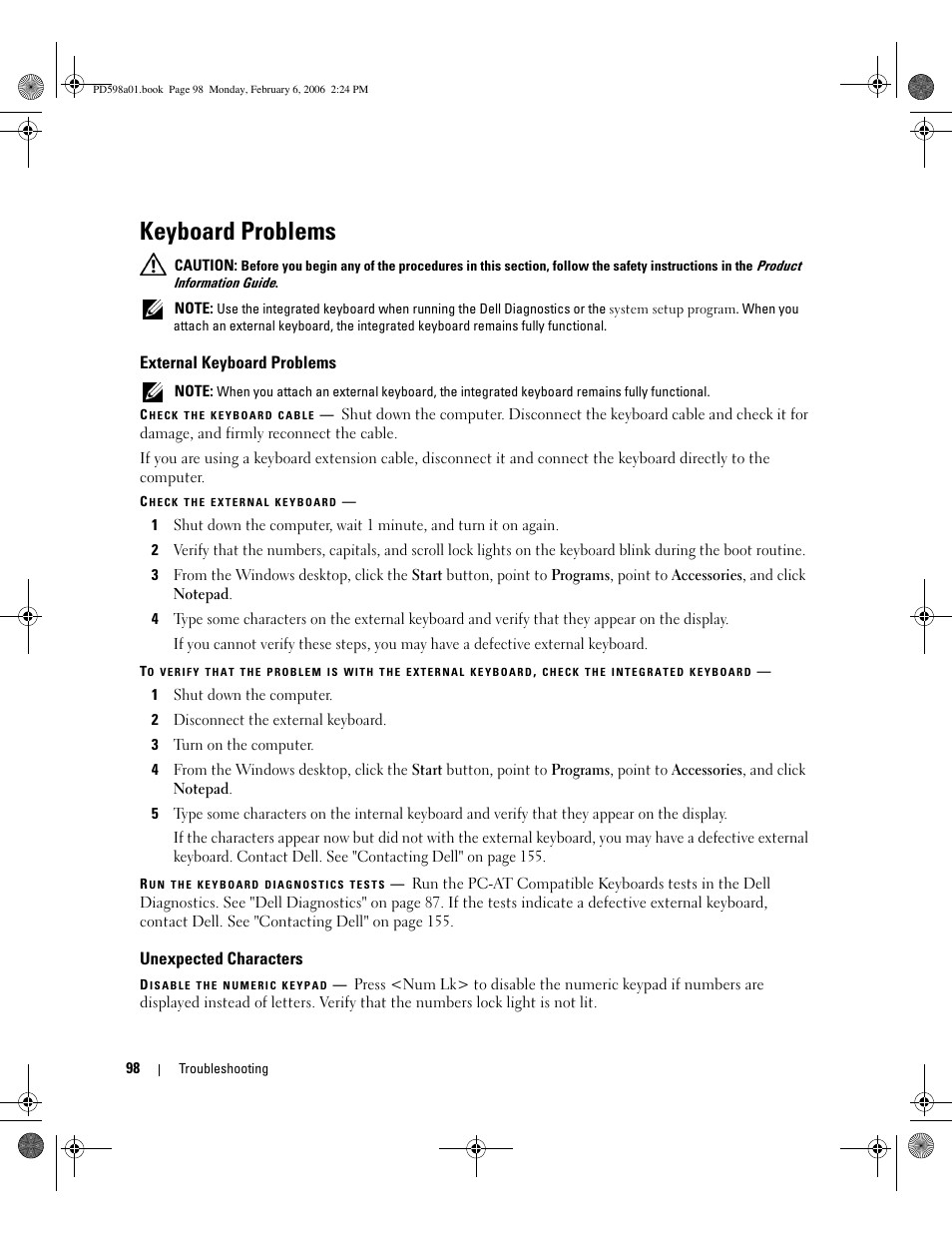Keyboard problems, External keyboard problems, Unexpected characters | Dell Inspiron E1705 User Manual | Page 98 / 188