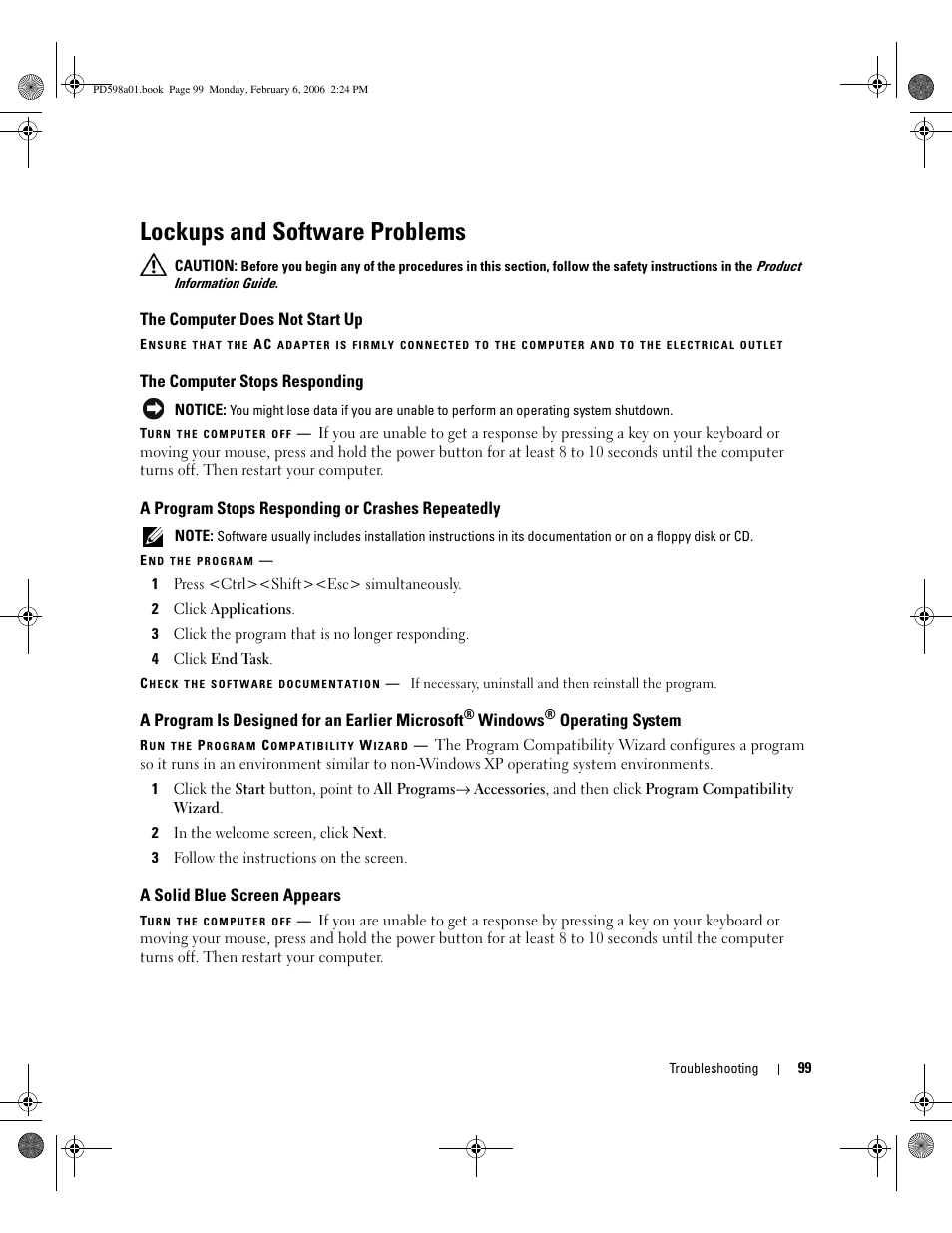 Lockups and software problems, The computer does not start up, The computer stops responding | A program stops responding or crashes repeatedly, A solid blue screen appears, A program is designed for an earlier microsoft, Windows, Operating system | Dell Inspiron E1705 User Manual | Page 99 / 188