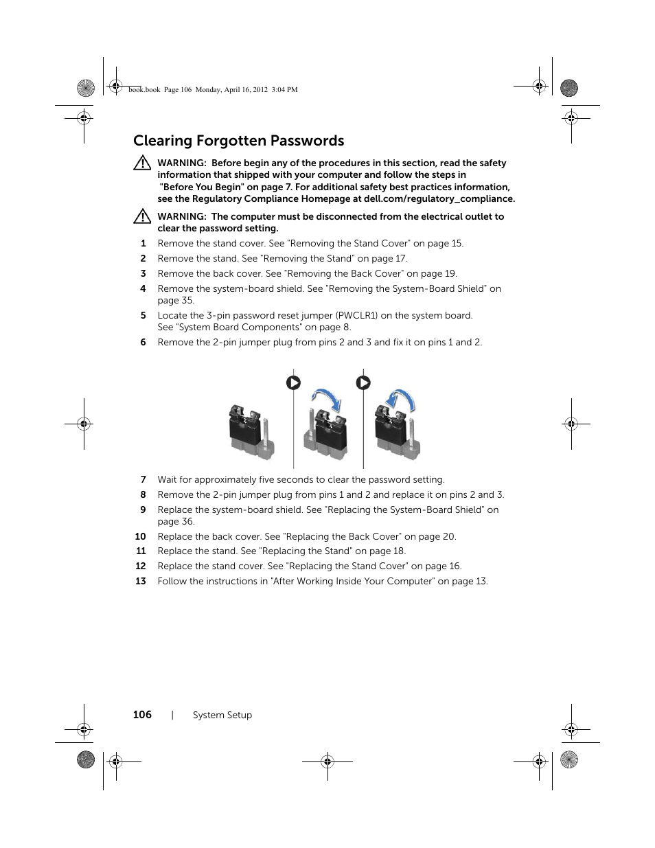 Clearing forgotten passwords | Dell Inspiron One 2020 (Early 2012) User Manual | Page 106 / 110