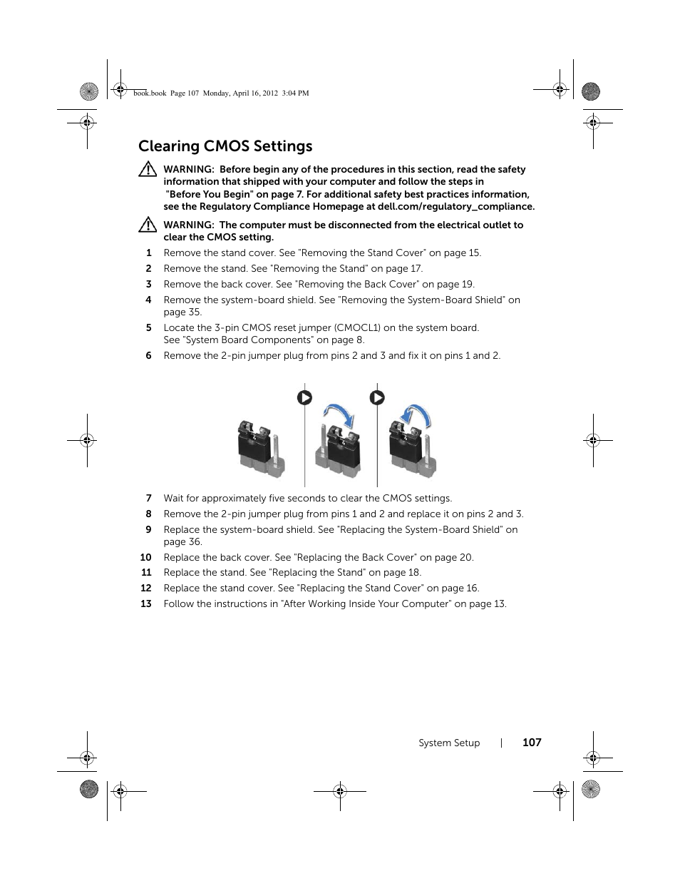 Clearing cmos settings | Dell Inspiron One 2020 (Early 2012) User Manual | Page 107 / 110