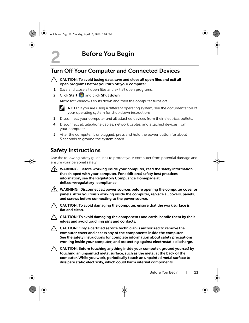 Before you begin, Turn off your computer and connected devices, Safety instructions | Turn off your computer and, Connected devices | Dell Inspiron One 2020 (Early 2012) User Manual | Page 11 / 110
