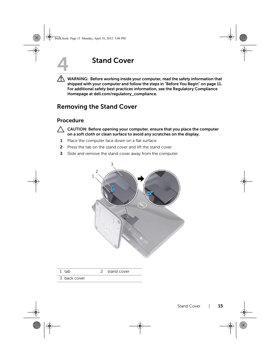 Stand cover, Removing the stand cover | Dell Inspiron One 2020 (Early 2012) User Manual | Page 15 / 110