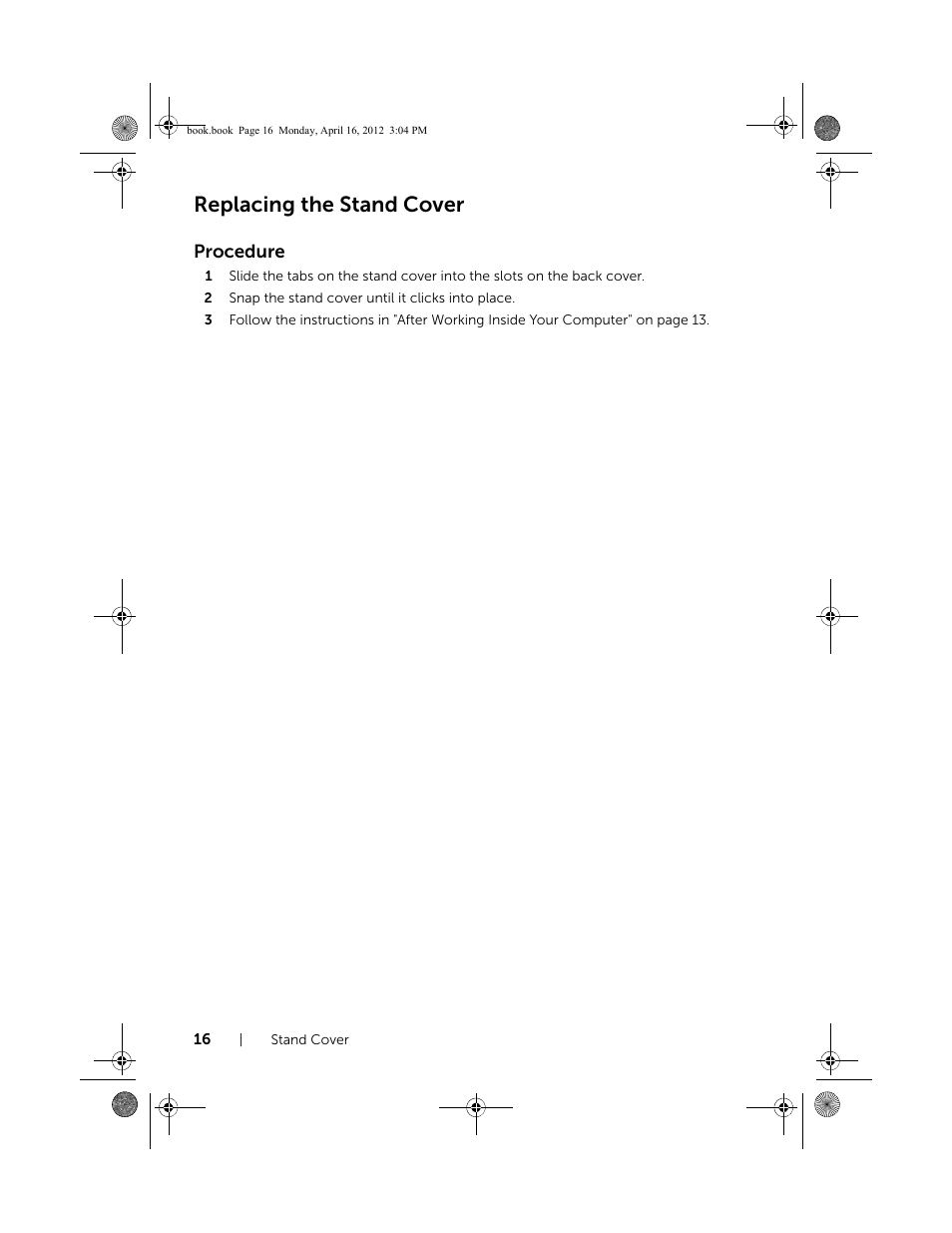 Replacing the stand cover | Dell Inspiron One 2020 (Early 2012) User Manual | Page 16 / 110