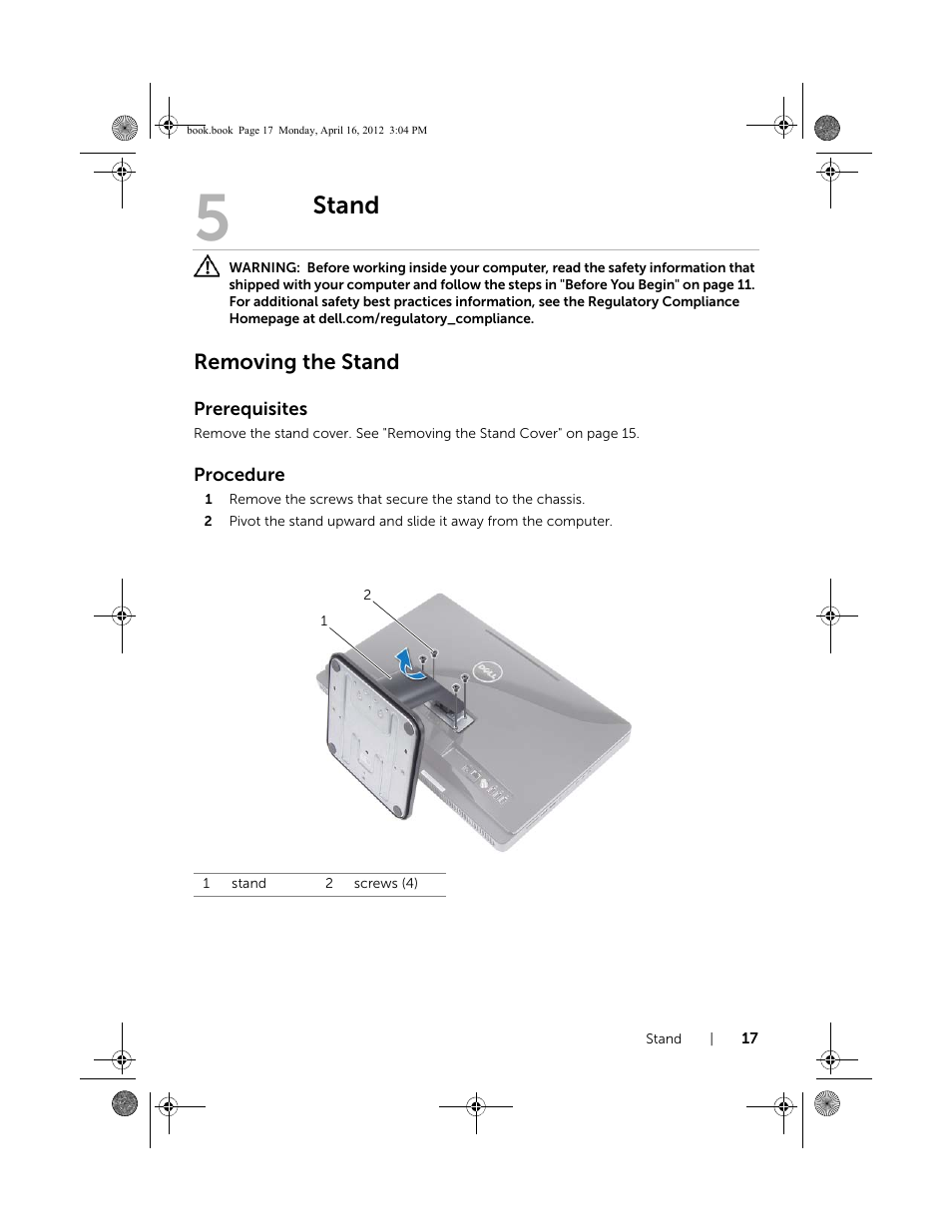Stand, Removing the stand | Dell Inspiron One 2020 (Early 2012) User Manual | Page 17 / 110