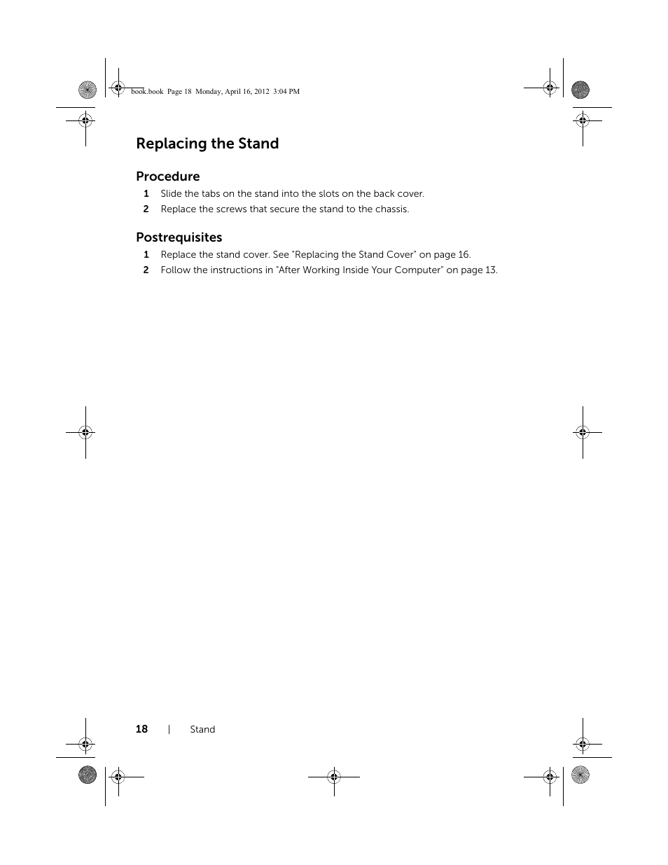 Replacing the stand | Dell Inspiron One 2020 (Early 2012) User Manual | Page 18 / 110