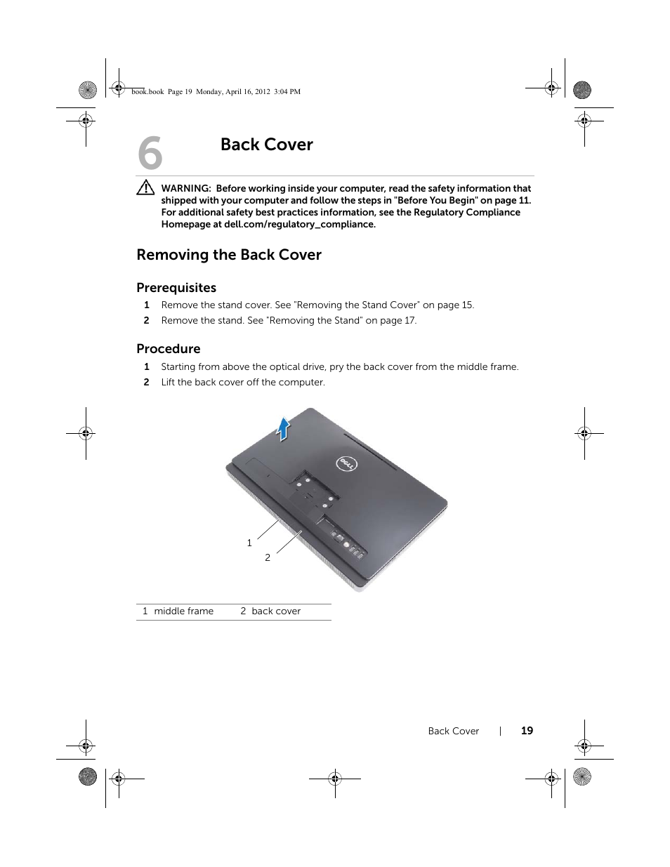 Back cover, Removing the back cover | Dell Inspiron One 2020 (Early 2012) User Manual | Page 19 / 110