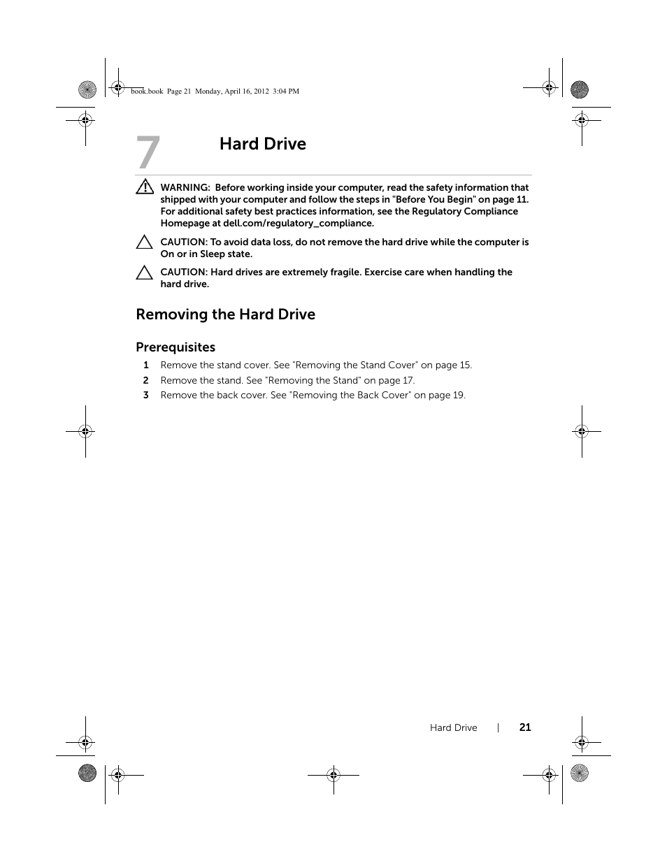 Hard drive, Removing the hard drive | Dell Inspiron One 2020 (Early 2012) User Manual | Page 21 / 110