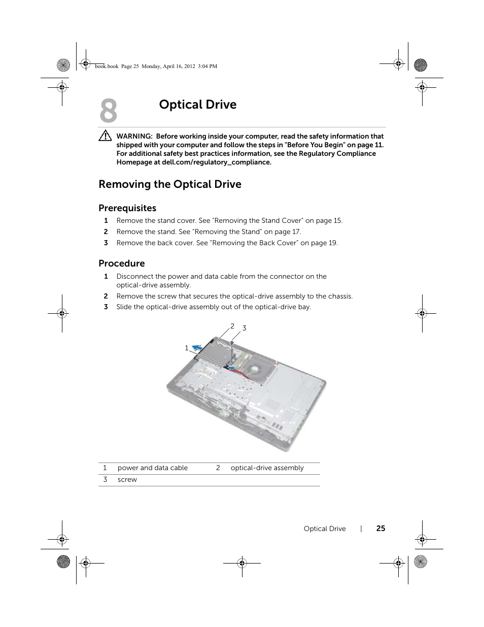 Optical drive, Removing the optical drive | Dell Inspiron One 2020 (Early 2012) User Manual | Page 25 / 110