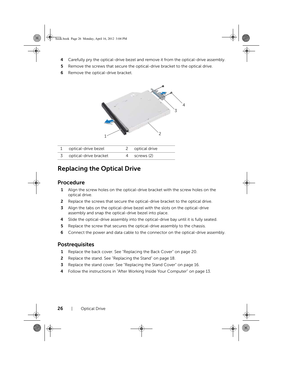 Replacing the optical drive, Procedure, Postrequisites | Dell Inspiron One 2020 (Early 2012) User Manual | Page 26 / 110