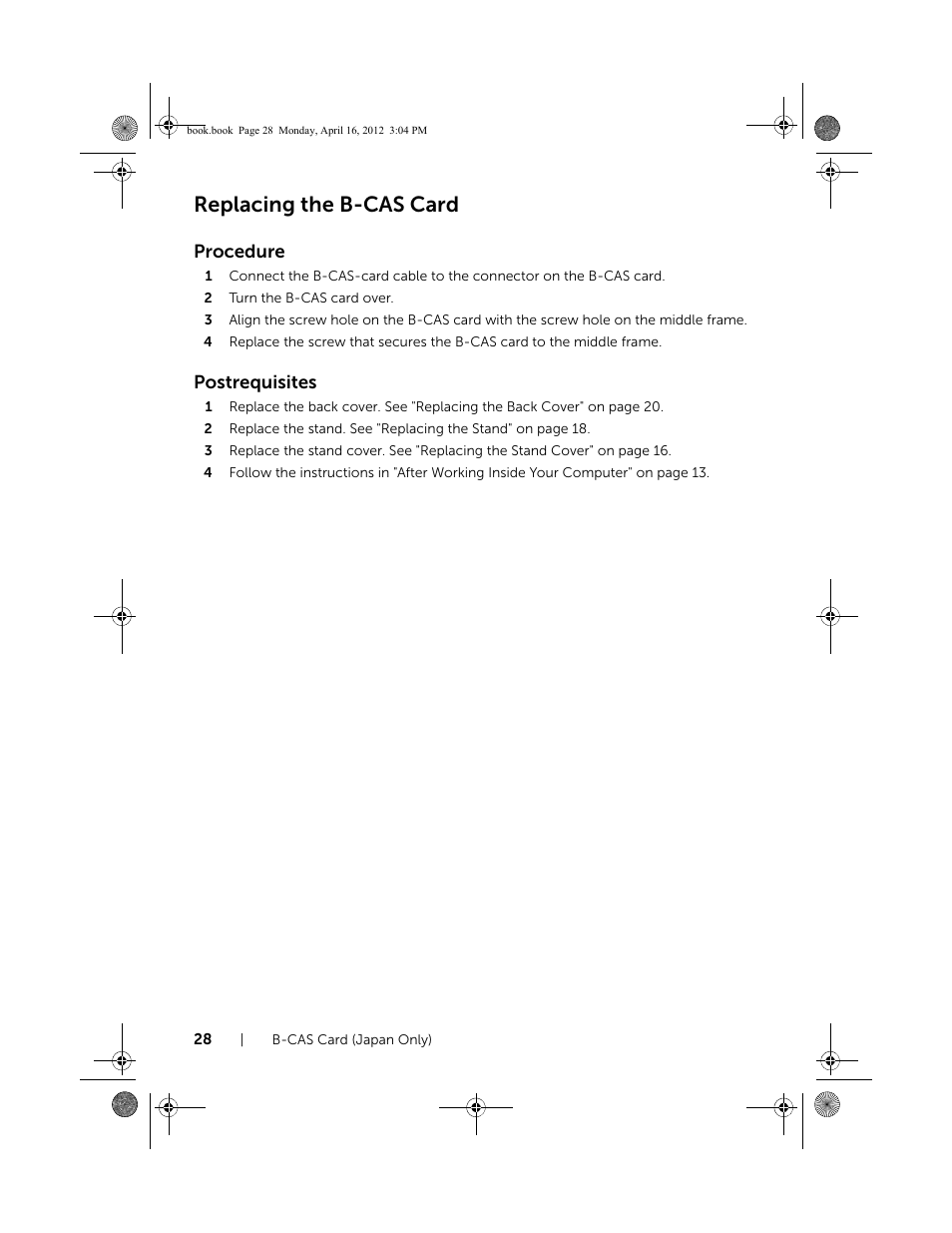 Replacing the b-cas card, Procedure, Postrequisites | Dell Inspiron One 2020 (Early 2012) User Manual | Page 28 / 110