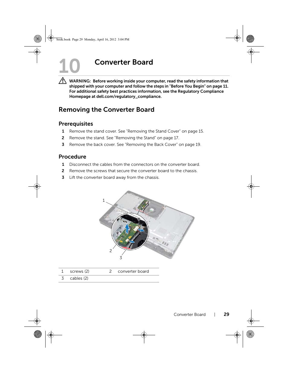 Converter board, Removing the converter board | Dell Inspiron One 2020 (Early 2012) User Manual | Page 29 / 110