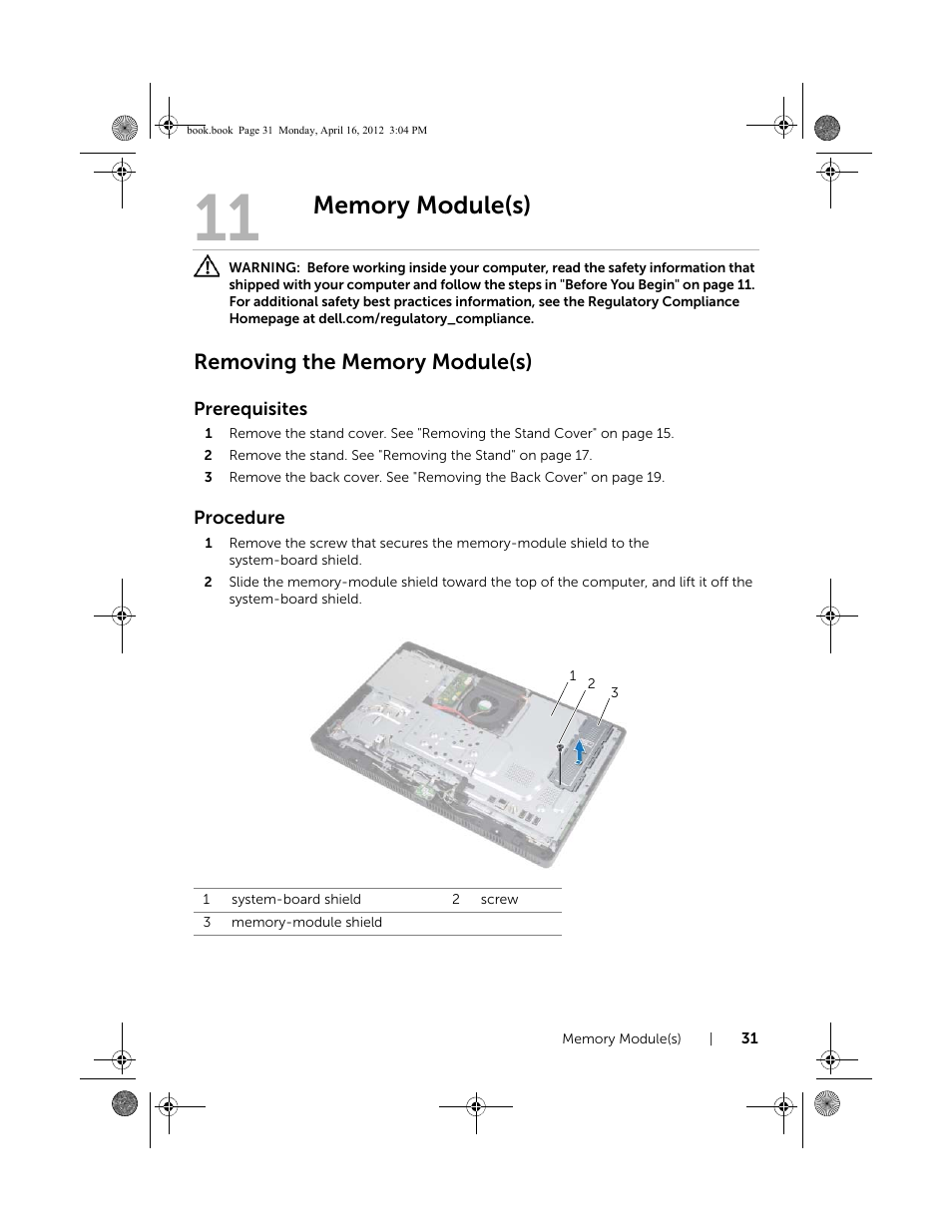 Memory module(s), Removing the memory module(s) | Dell Inspiron One 2020 (Early 2012) User Manual | Page 31 / 110