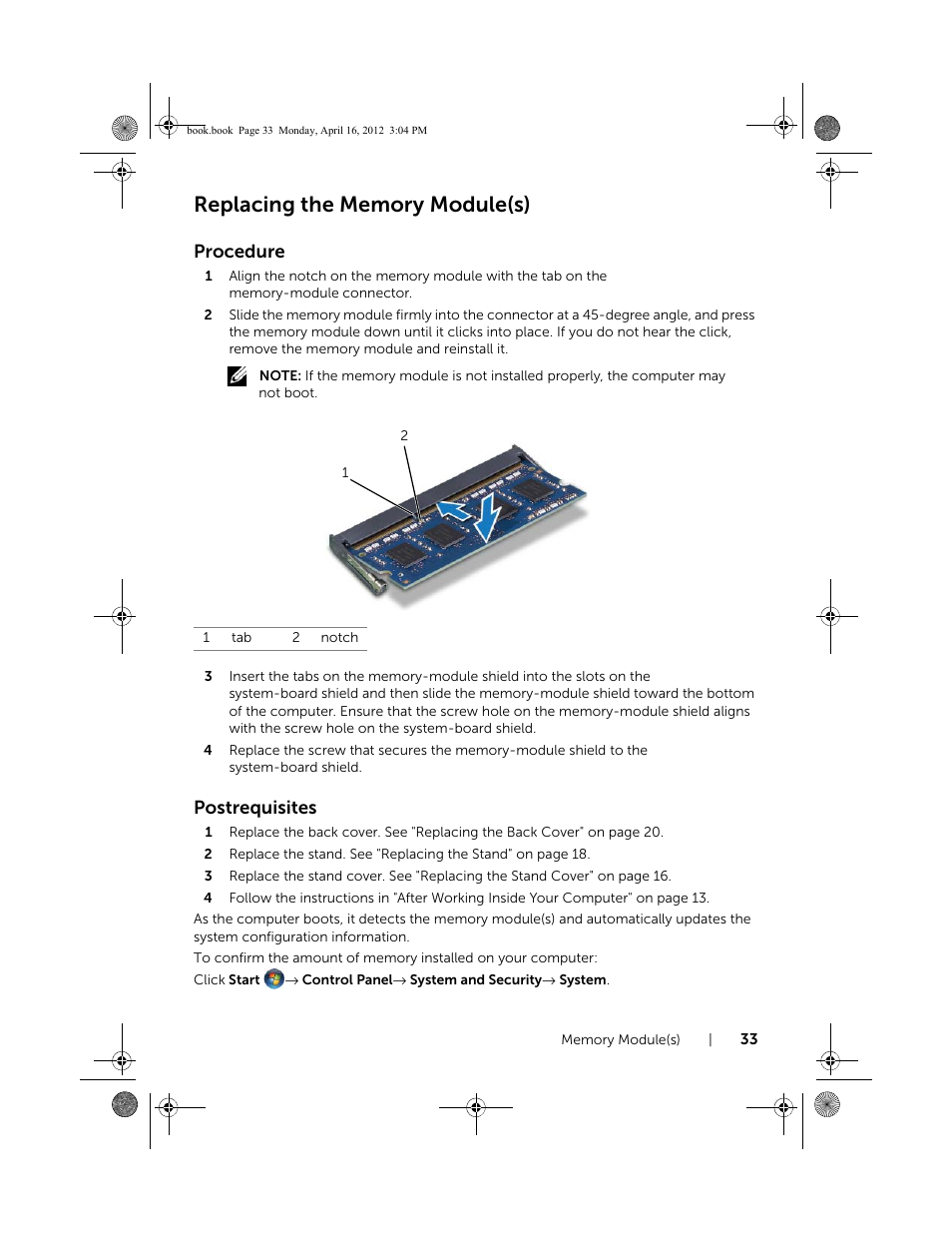 Replacing the memory module(s), Procedure, Postrequisites | Dell Inspiron One 2020 (Early 2012) User Manual | Page 33 / 110