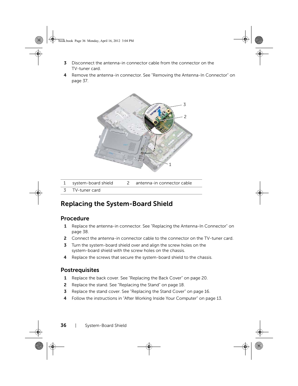 Replacing the system-board shield, Procedure, Postrequisites | Dell Inspiron One 2020 (Early 2012) User Manual | Page 36 / 110