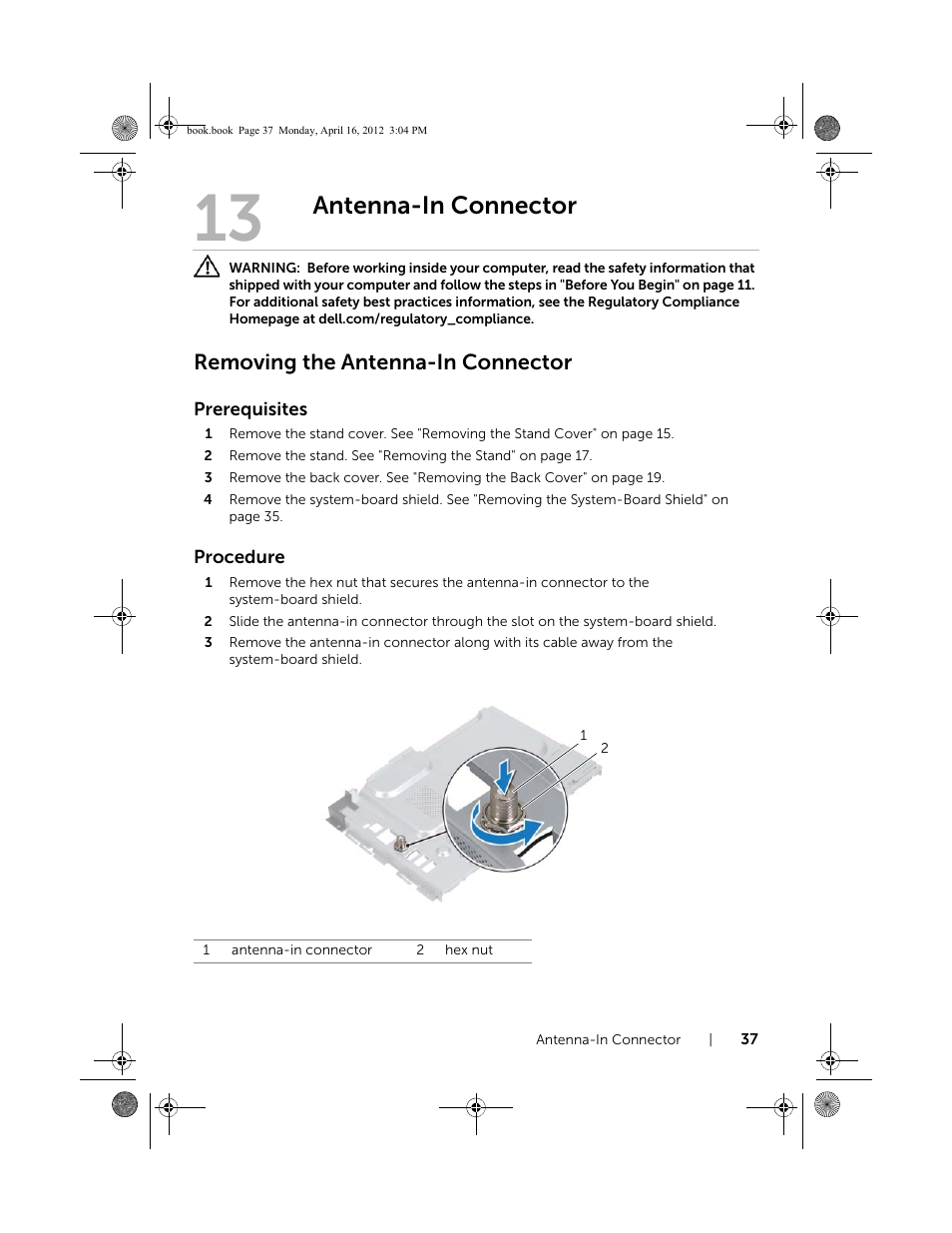 Antenna-in connector, Removing the antenna-in connector | Dell Inspiron One 2020 (Early 2012) User Manual | Page 37 / 110