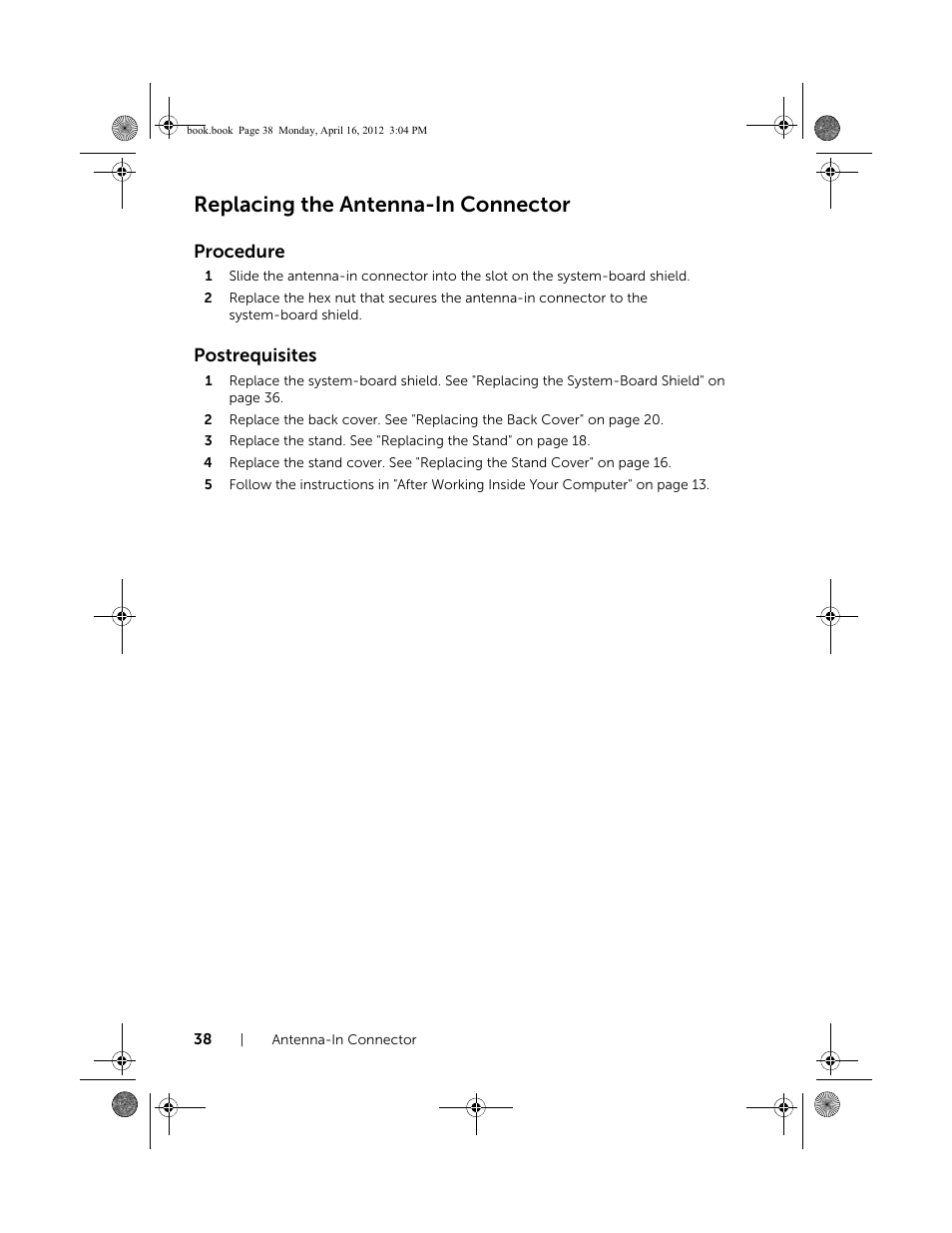 Replacing the antenna-in connector, Procedure, Postrequisites | Dell Inspiron One 2020 (Early 2012) User Manual | Page 38 / 110