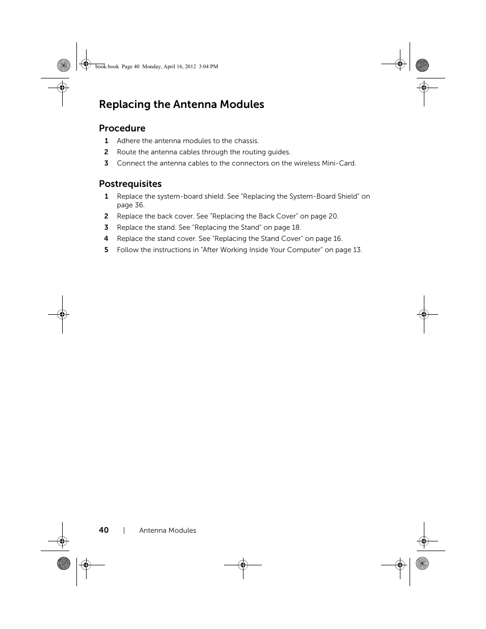 Replacing the antenna modules, Procedure, Postrequisites | Dell Inspiron One 2020 (Early 2012) User Manual | Page 40 / 110