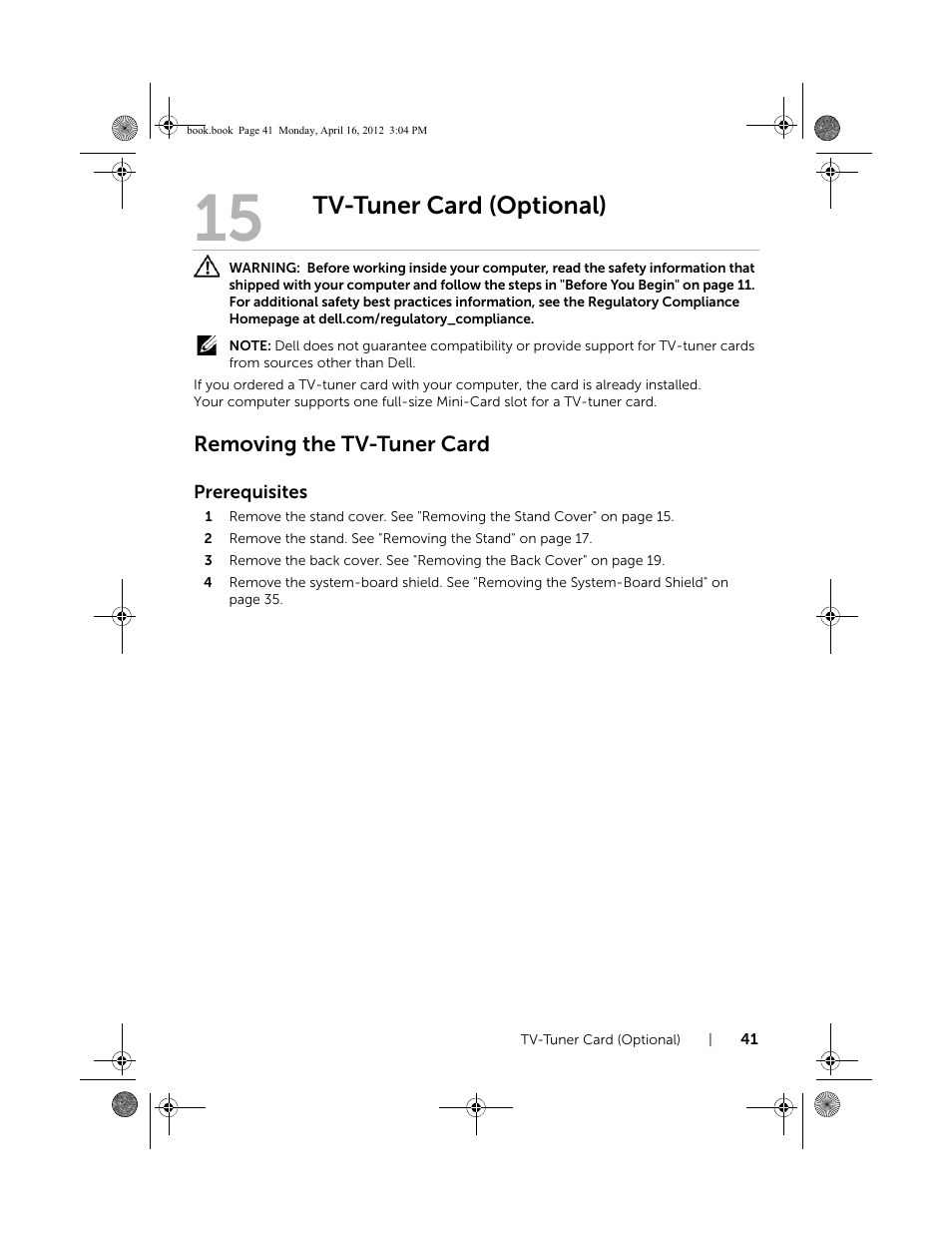 Tv-tuner card (optional), Removing the tv-tuner card | Dell Inspiron One 2020 (Early 2012) User Manual | Page 41 / 110