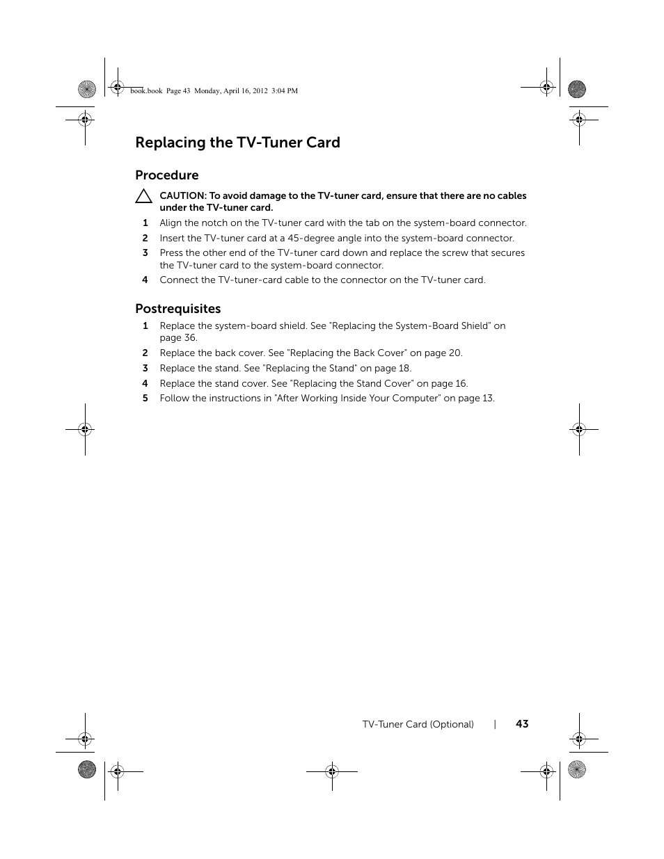 Replacing the tv-tuner card, Procedure, Postrequisites | Dell Inspiron One 2020 (Early 2012) User Manual | Page 43 / 110