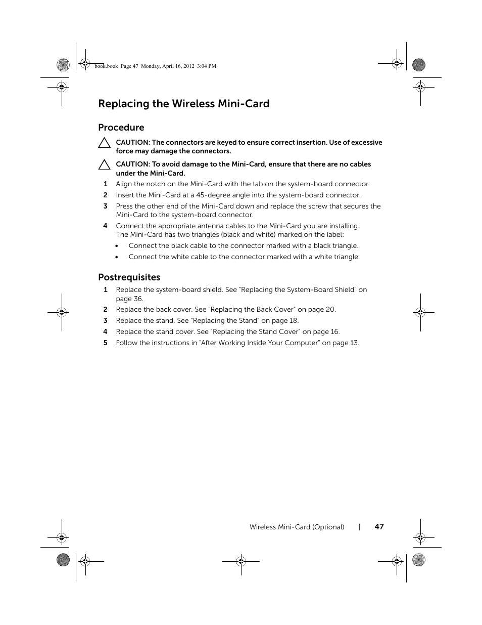 Replacing the wireless mini-card, Procedure, Postrequisites | Dell Inspiron One 2020 (Early 2012) User Manual | Page 47 / 110