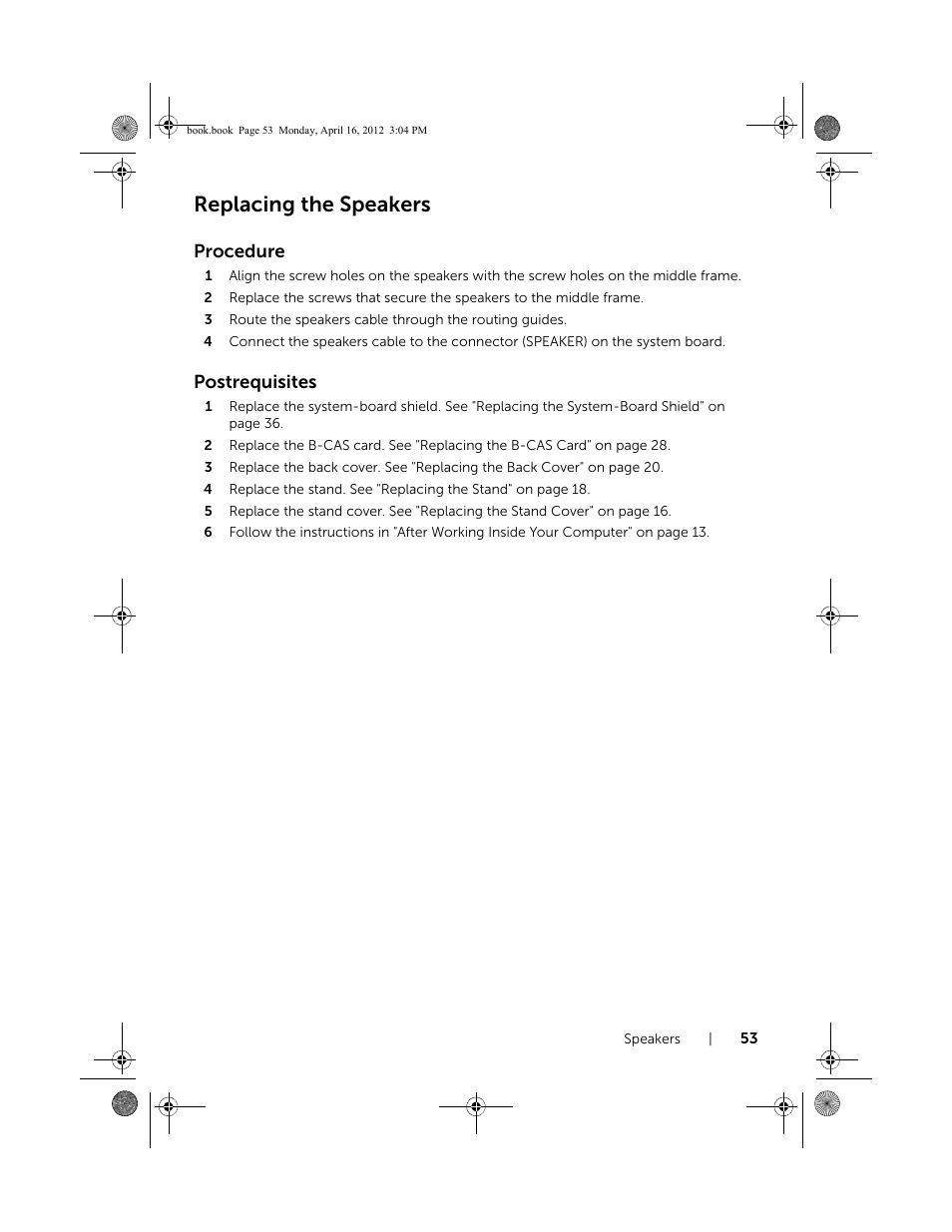 Replacing the speakers, Procedure, Postrequisites | Dell Inspiron One 2020 (Early 2012) User Manual | Page 53 / 110
