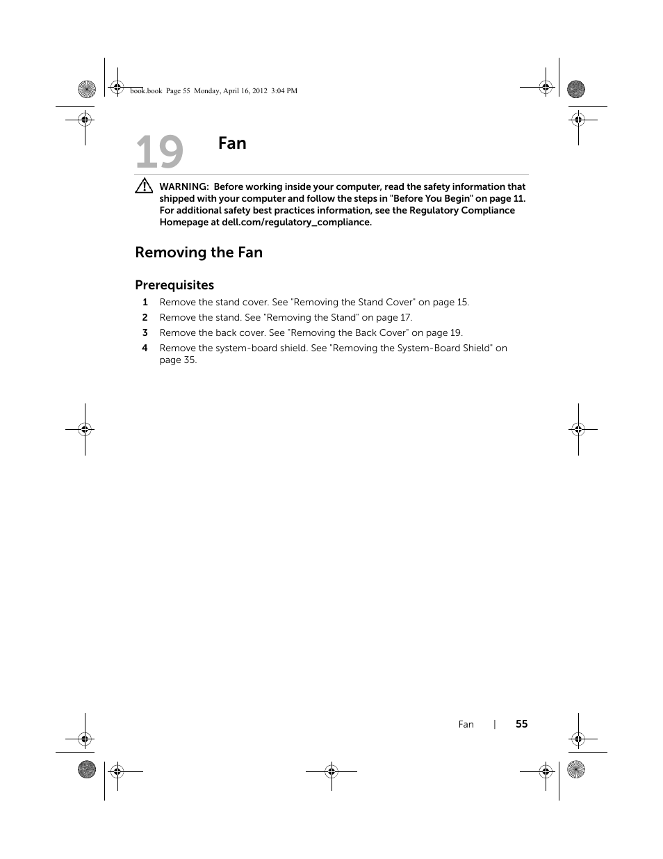 Removing the fan | Dell Inspiron One 2020 (Early 2012) User Manual | Page 55 / 110