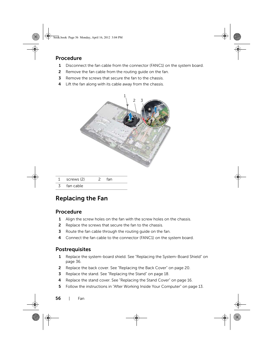 Replacing the fan, Procedure, Postrequisites | Dell Inspiron One 2020 (Early 2012) User Manual | Page 56 / 110