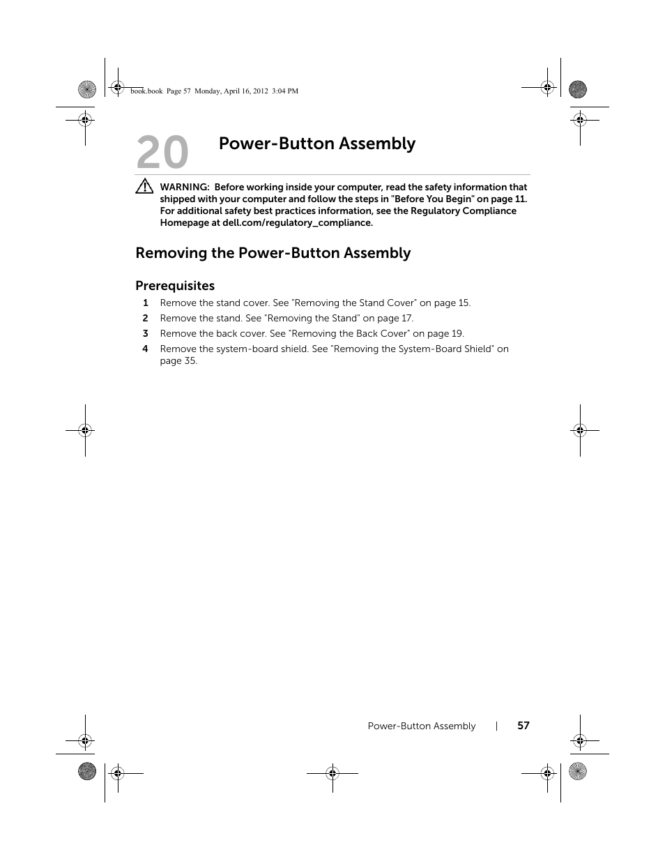 Power-button assembly, Removing the power-button assembly | Dell Inspiron One 2020 (Early 2012) User Manual | Page 57 / 110