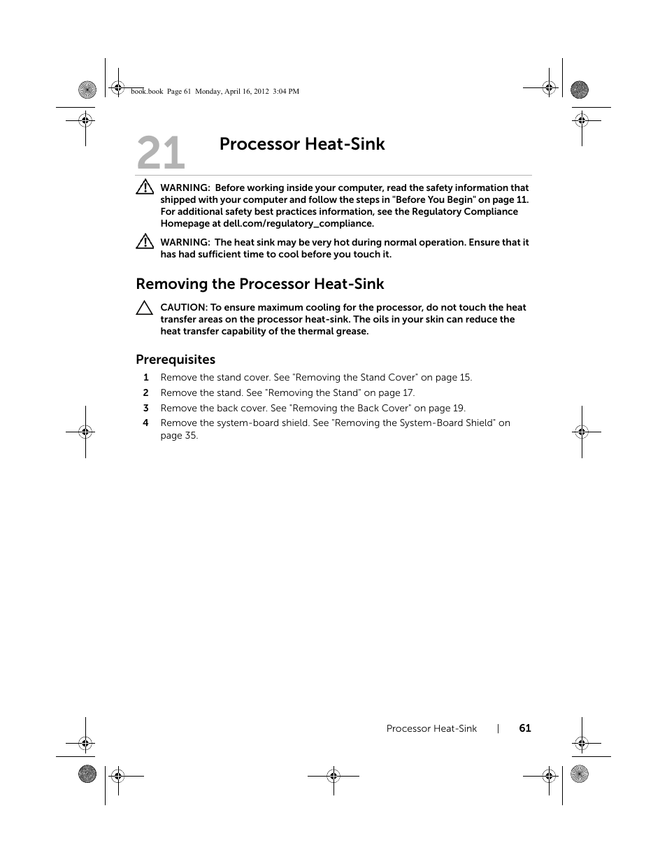 Processor heat-sink, Removing the processor heat-sink | Dell Inspiron One 2020 (Early 2012) User Manual | Page 61 / 110