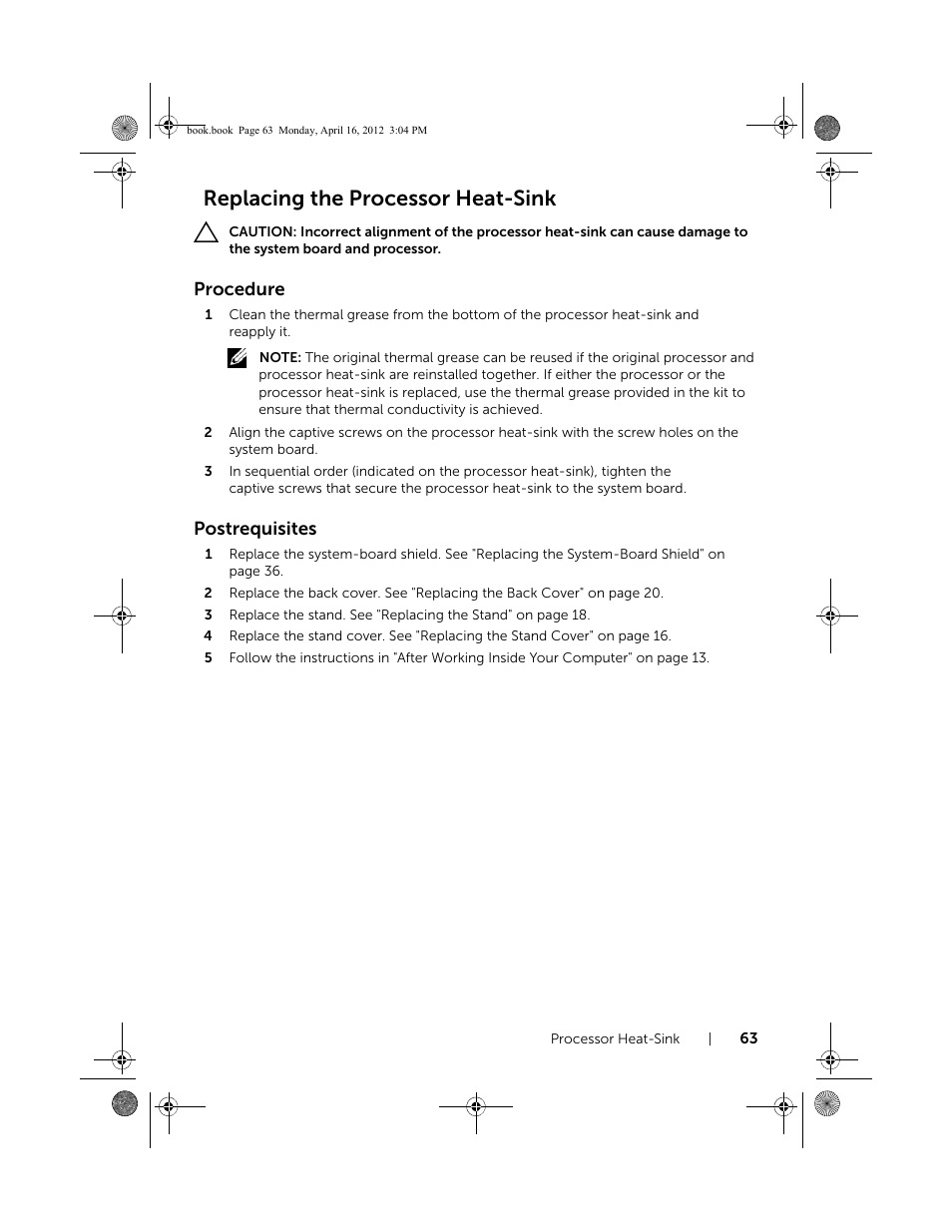 Replacing the processor heat-sink, Procedure, Postrequisites | Dell Inspiron One 2020 (Early 2012) User Manual | Page 63 / 110