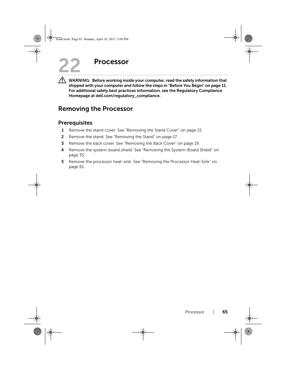 Processor, Removing the processor | Dell Inspiron One 2020 (Early 2012) User Manual | Page 65 / 110