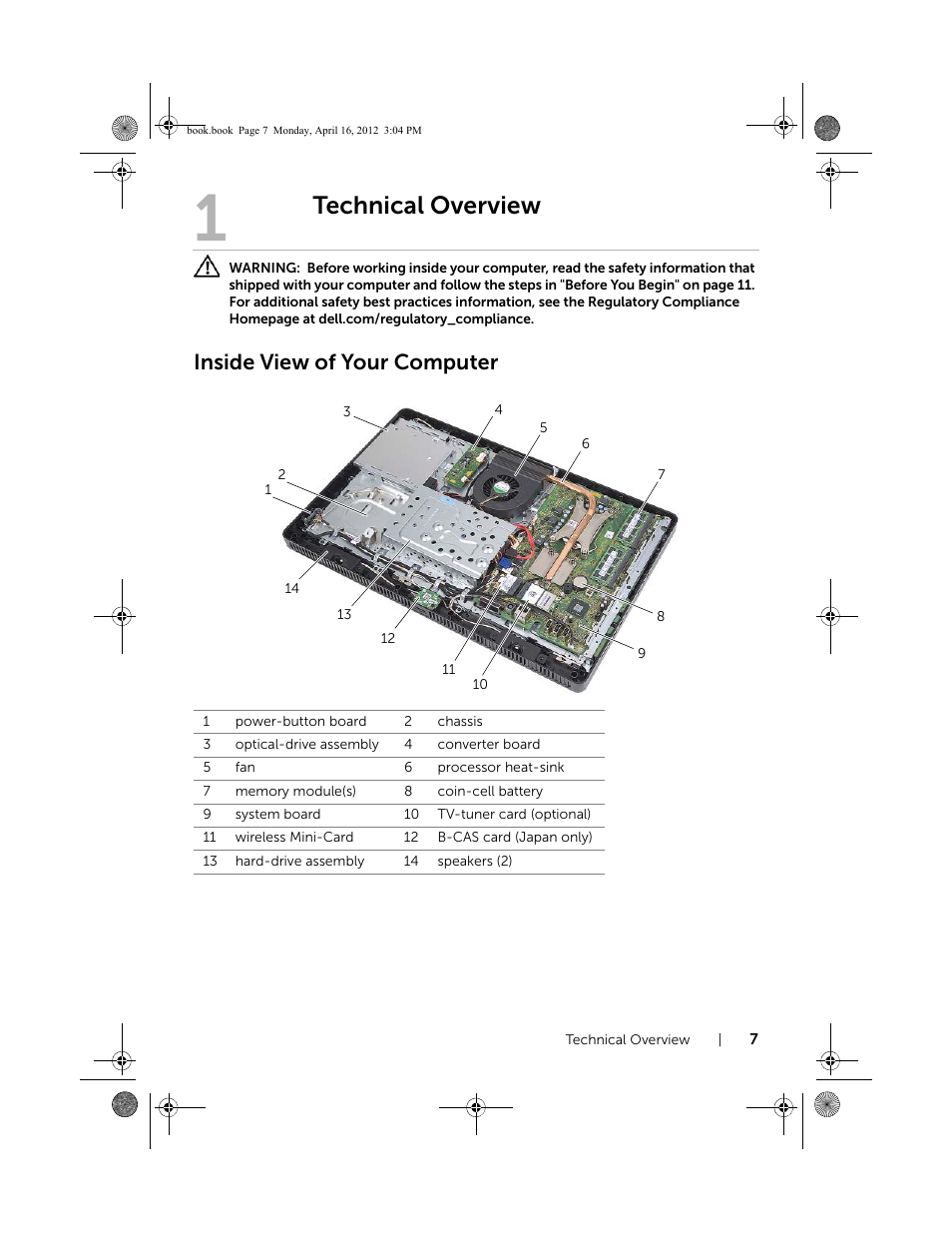 Technical overview, Inside view of your computer | Dell Inspiron One 2020 (Early 2012) User Manual | Page 7 / 110