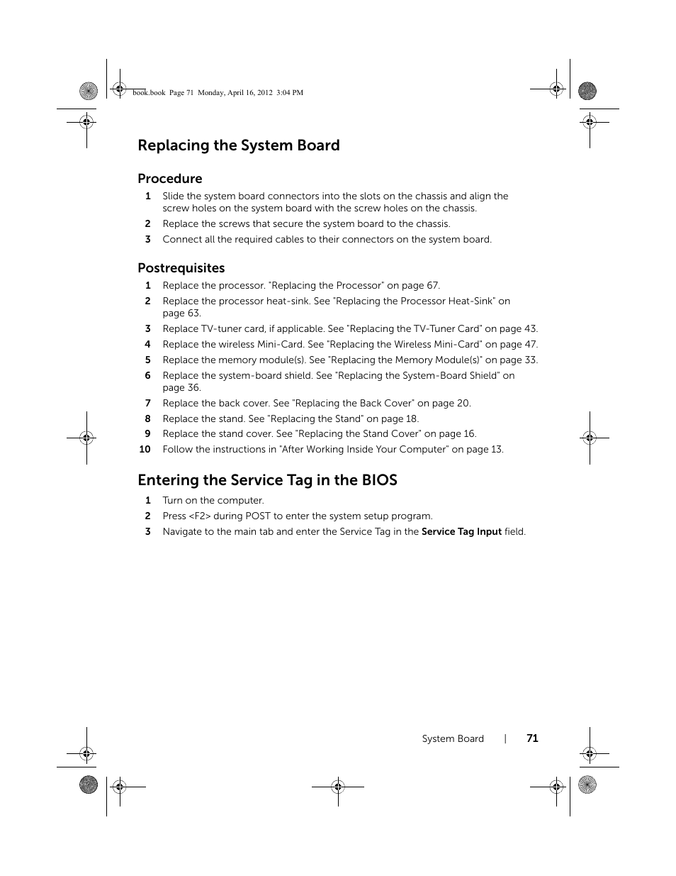 Replacing the system board, Entering the service tag in the bios, Procedure | Postrequisites | Dell Inspiron One 2020 (Early 2012) User Manual | Page 71 / 110