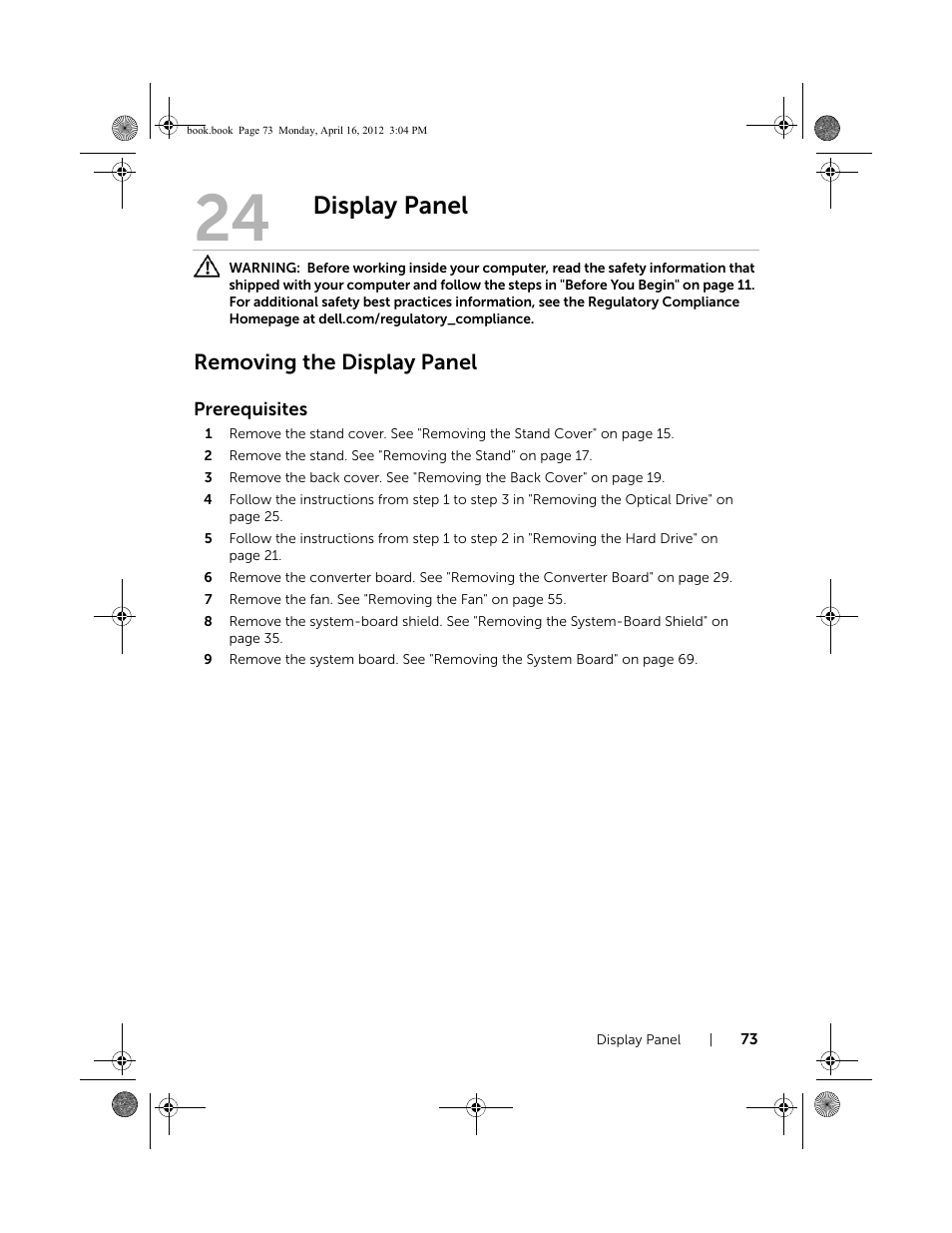 Display panel, Removing the display panel | Dell Inspiron One 2020 (Early 2012) User Manual | Page 73 / 110