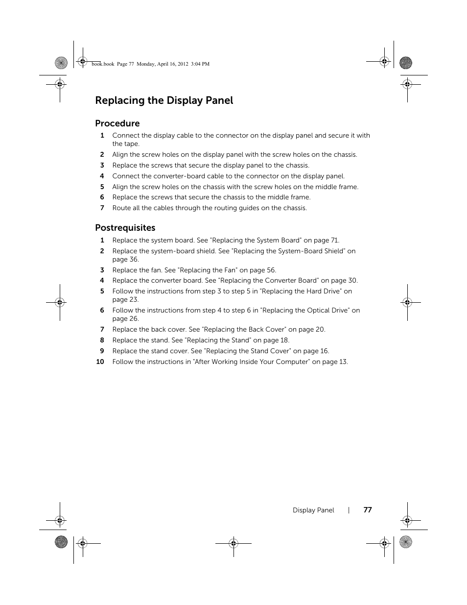 Replacing the display panel, Procedure, Postrequisites | Dell Inspiron One 2020 (Early 2012) User Manual | Page 77 / 110