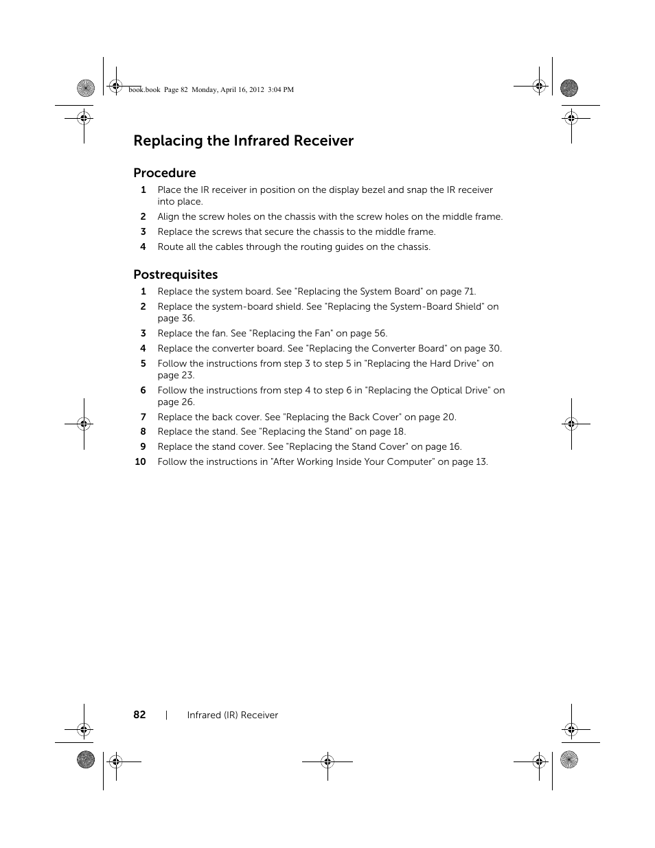 Replacing the infrared receiver, Procedure, Postrequisites | Dell Inspiron One 2020 (Early 2012) User Manual | Page 82 / 110