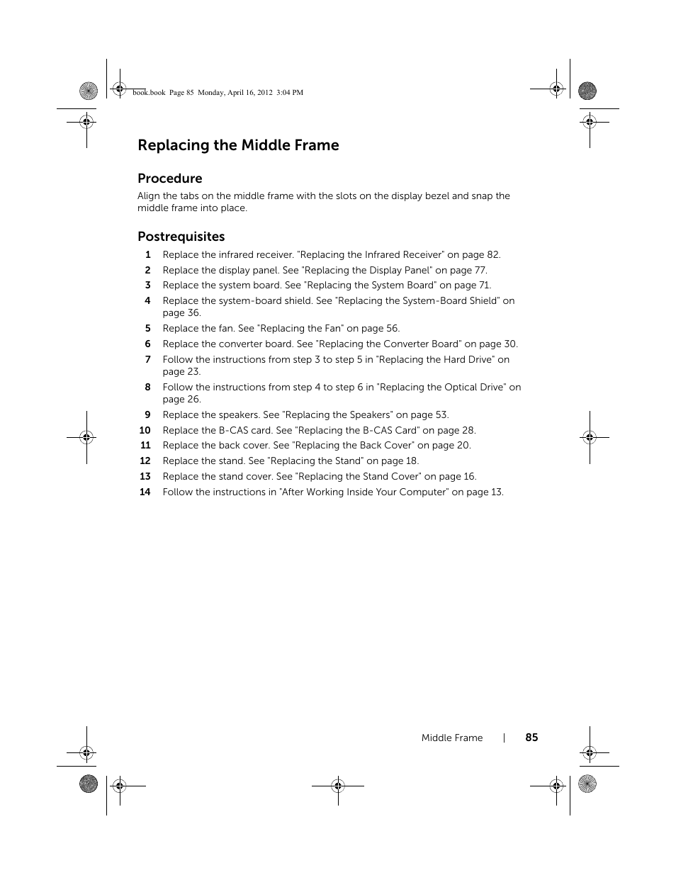 Replacing the middle frame, Procedure, Postrequisites | Dell Inspiron One 2020 (Early 2012) User Manual | Page 85 / 110