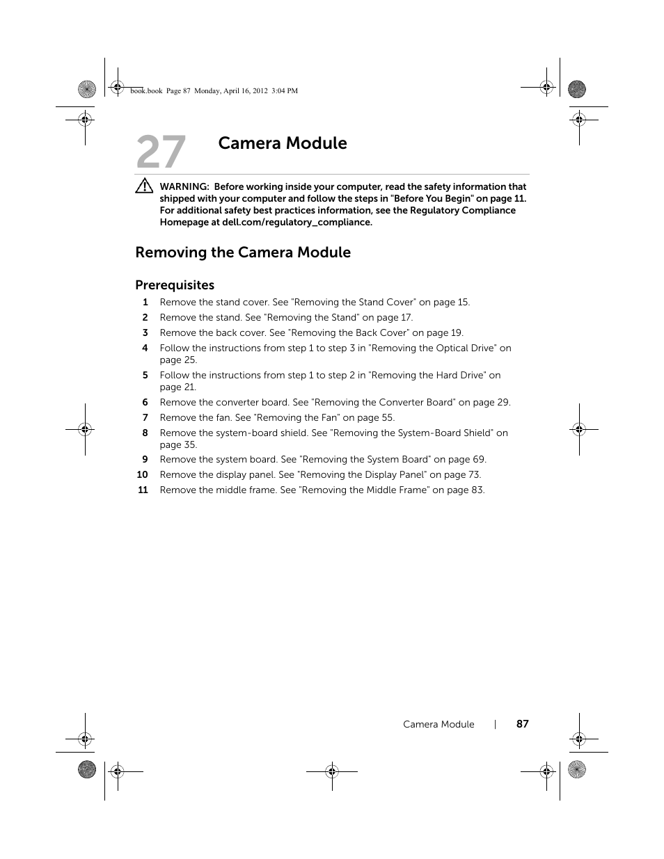 Camera module, Removing the camera module | Dell Inspiron One 2020 (Early 2012) User Manual | Page 87 / 110
