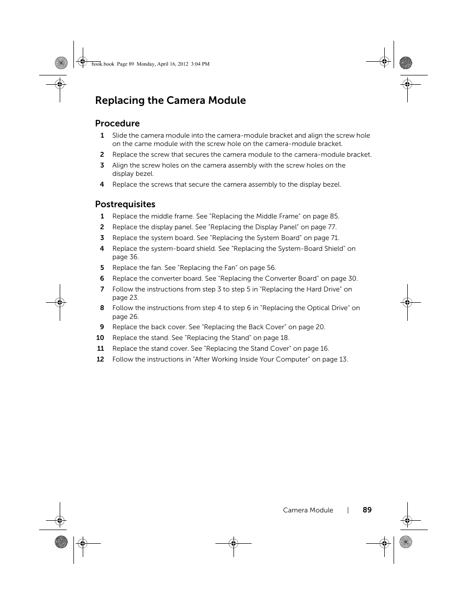 Replacing the camera module, Procedure, Postrequisites | Dell Inspiron One 2020 (Early 2012) User Manual | Page 89 / 110