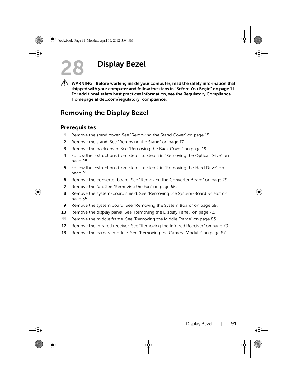 Display bezel, Removing the display bezel | Dell Inspiron One 2020 (Early 2012) User Manual | Page 91 / 110