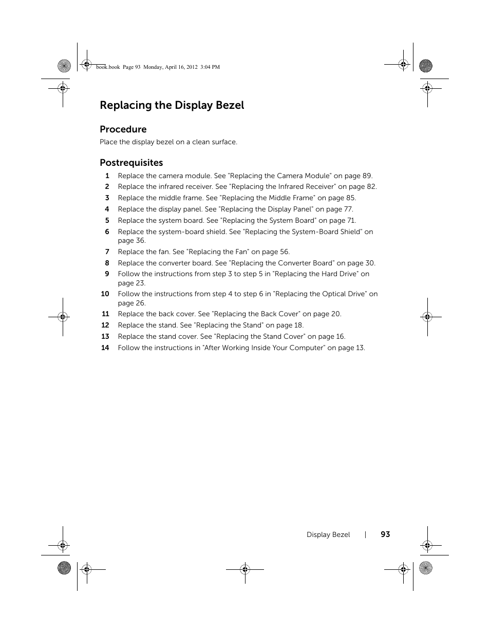 Replacing the display bezel, Procedure, Postrequisites | Dell Inspiron One 2020 (Early 2012) User Manual | Page 93 / 110