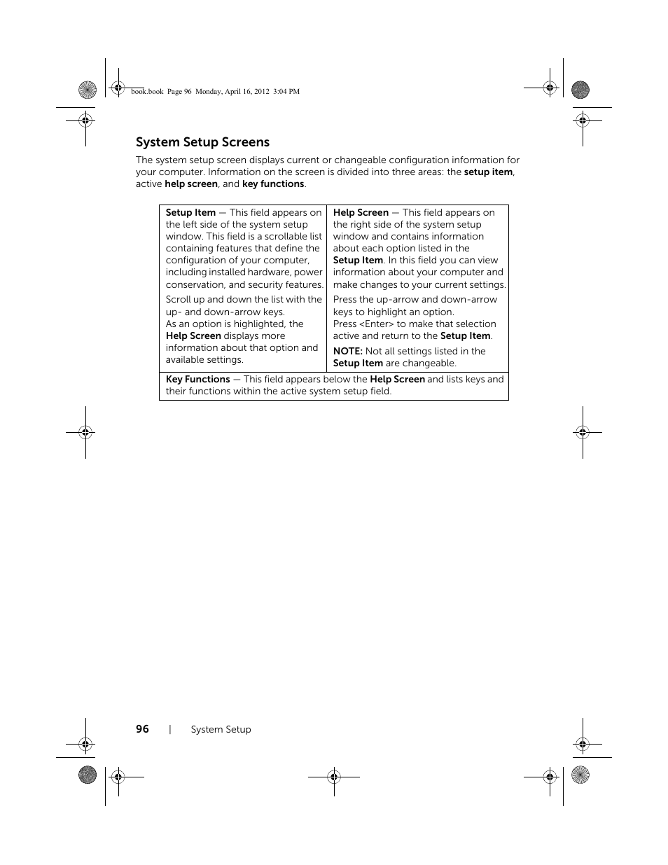 System setup screens | Dell Inspiron One 2020 (Early 2012) User Manual | Page 96 / 110