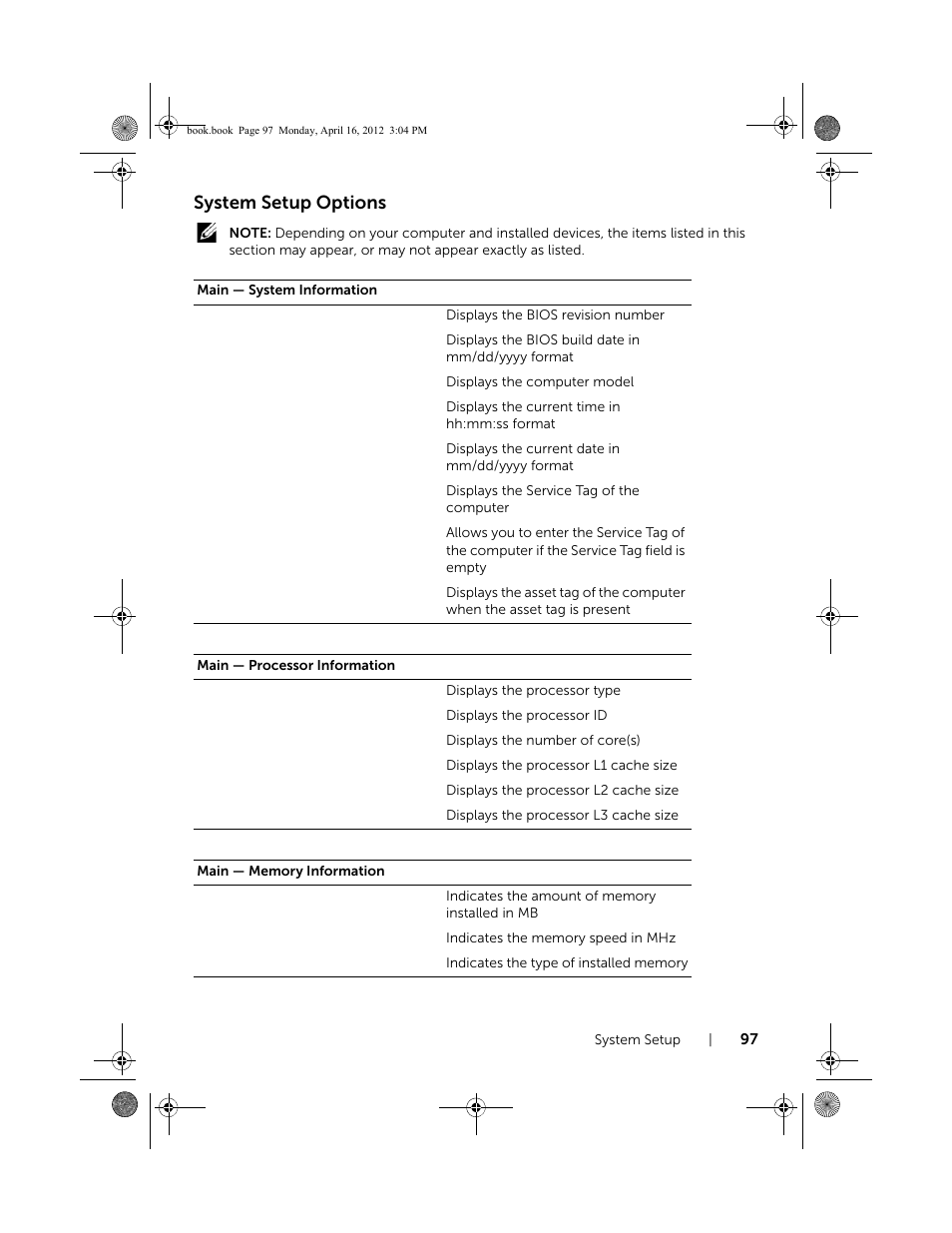 System setup options | Dell Inspiron One 2020 (Early 2012) User Manual | Page 97 / 110